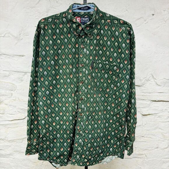 Chaps Ralph Lauren Button Down Shirt All Over Print Leaves 100% Cotton Vintage - Picture 1 of 7